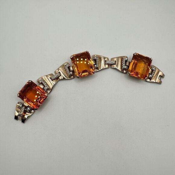 RARE Crown Trifari Sterling Bracelet, A. Philippe "Tank" Faux Citrine Bracelet! - Picture 6 of 16